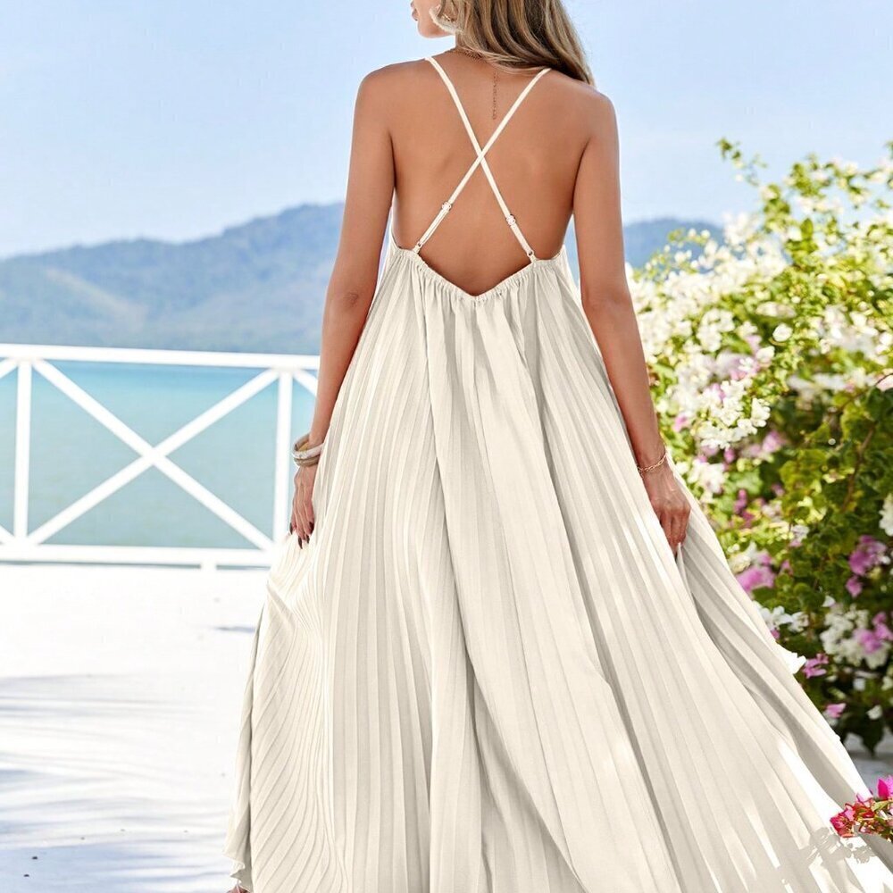 Apricot Casual Women's Loose Pleated Strap Dress